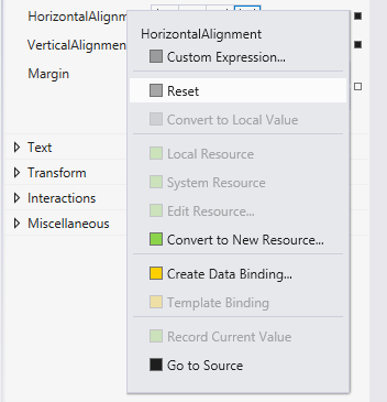 Visual Studio のプロパティ メニューのリセット オプション