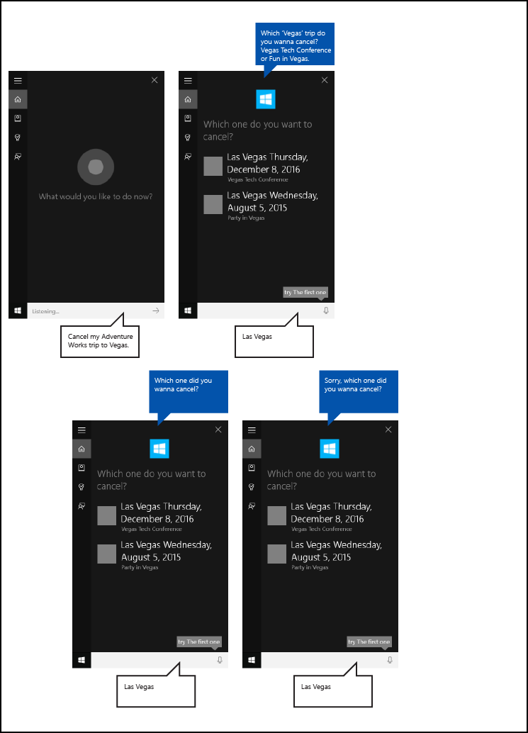 AdventureWorks のキャンセル旅行のあいまいさを使用した Cortana バックグラウンド アプリフローのエンド ツー エンドの Cortana キャンバスのスクリーンショット