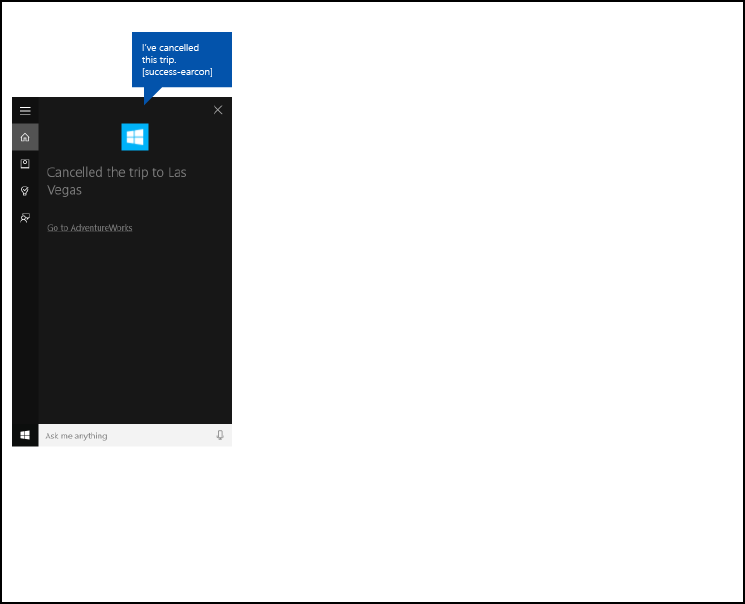 AdventureWorks による旅行の完了のキャンセルを使用した Cortana バックグラウンド アプリ フローのエンド ツー エンドの Cortana キャンバスのスクリーンショット