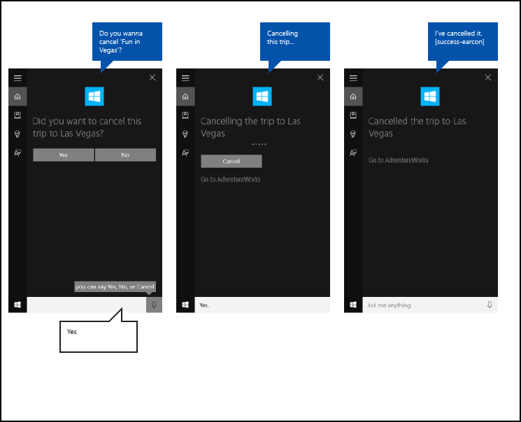 AdventureWorks による旅行の進行状況の取り消しを使用した Cortana バックグラウンド アプリ フローのエンド ツー エンドの Cortana キャンバスのスクリーンショット