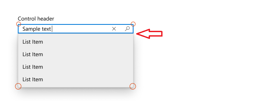 Screenshot of an AutoSuggest flyout where some corners aren't rounded.