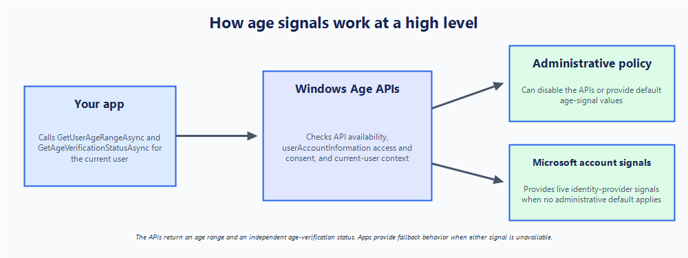 構成設定と通信する Digital Safety API ローカル サービスと年齢グループ情報を交換するアプリを示す図。
