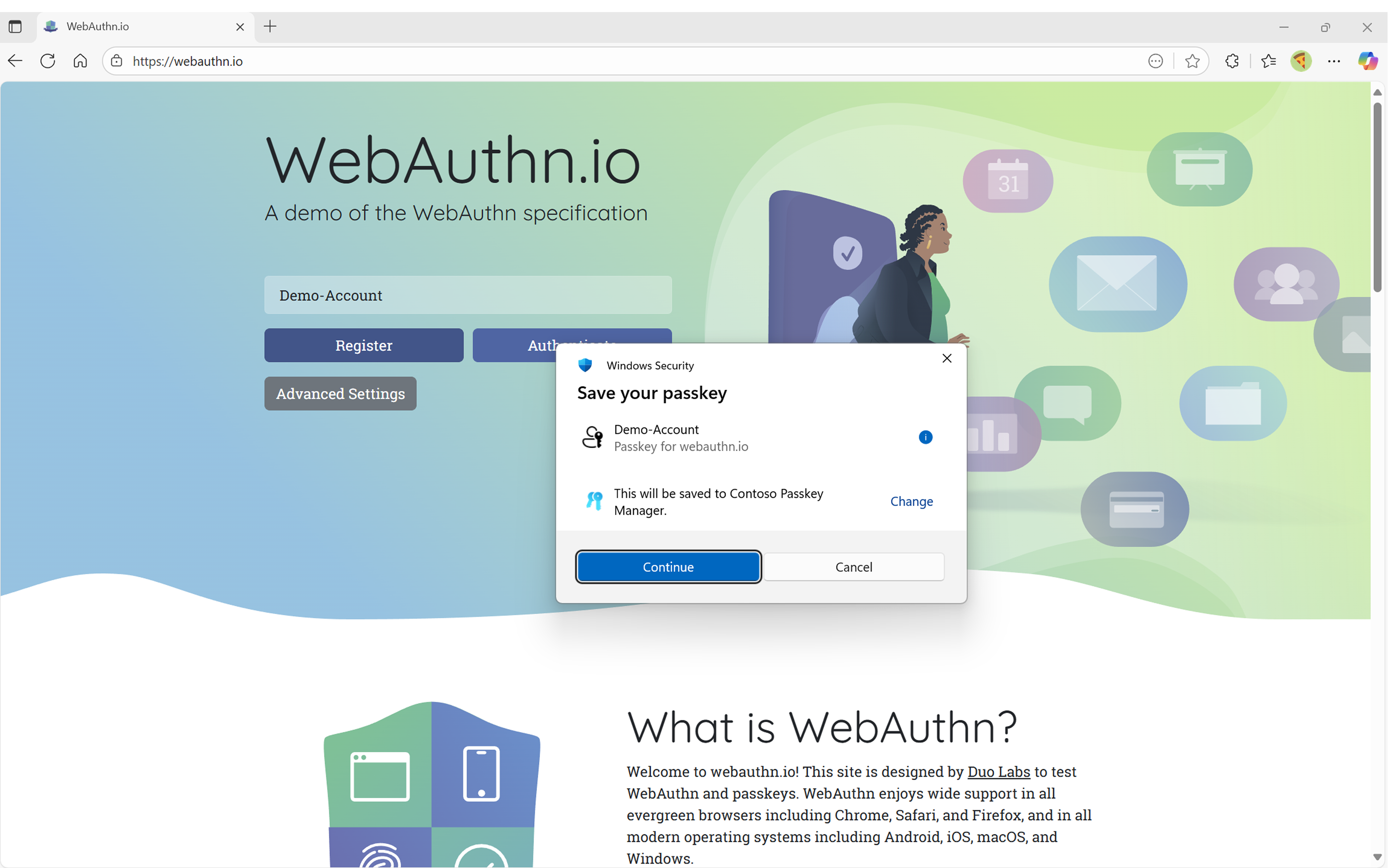 Contoso Passkey Manager を使用して webuthn.io のパスキーを作成するスクリーンショット