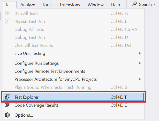 Visual Studio の [テスト メニュー] のスクリーンショット
