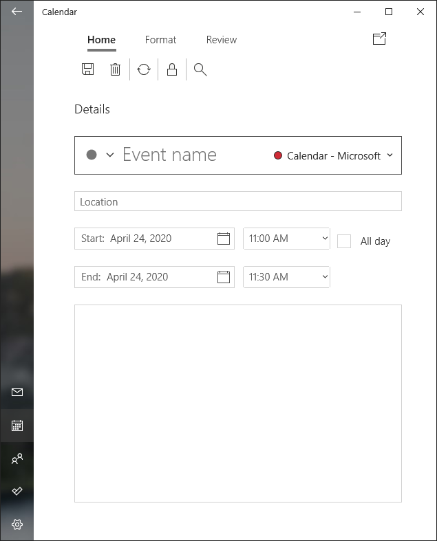 予定表の [新しいイベントの追加] ページ