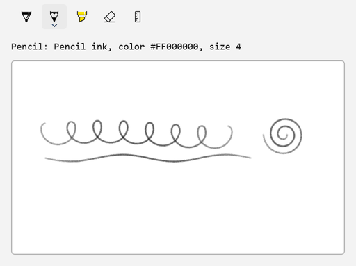 鉛筆ボタンが選択されたインク ツール バー。その下のテキストは「鉛筆」と表示されています。鉛筆インク、色 #FF000000、サイズ 4、キャンバスには灰色の鉛筆のストロークが表示されます。