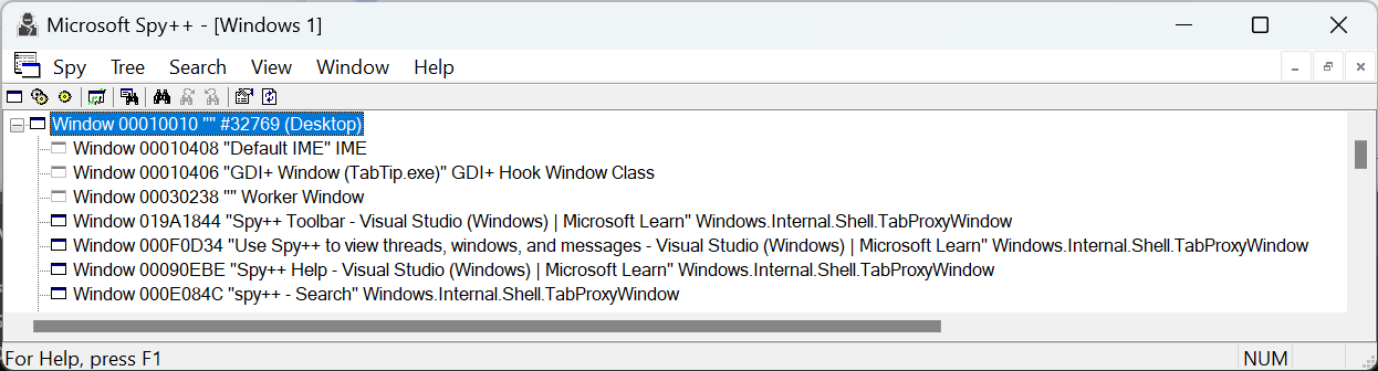 Spy++ アプリケーション ウィンドウのスクリーンショット。