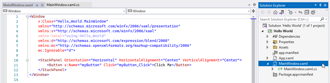 メイン ウィンドウのマークアップ ファイルにある [ここをクリック] ボタンの XML マークアップ