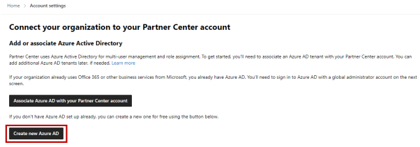 Screenshot showing option to Create new Azure AD from the Partner Center Tenants settings.