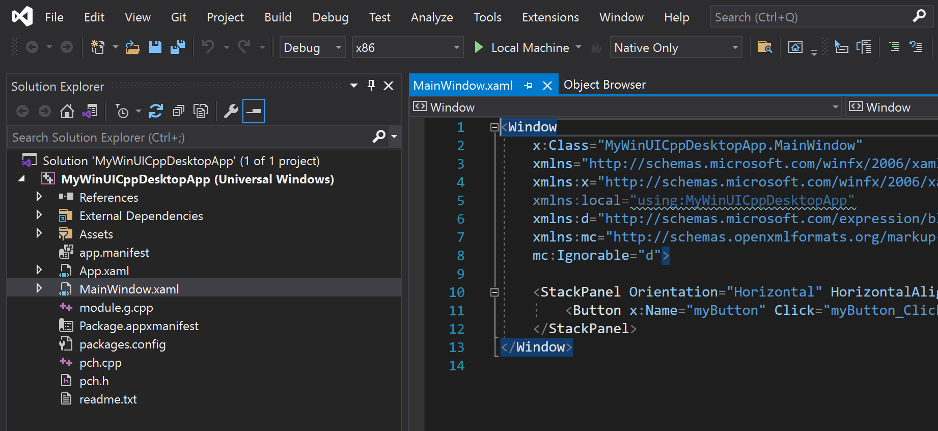 Visual Studio で、ソリューション エクスプローラー ペインと、単一プロジェクト MSIX のメインの Windows XAML ファイルの内容が表示されているスクリーンショット。