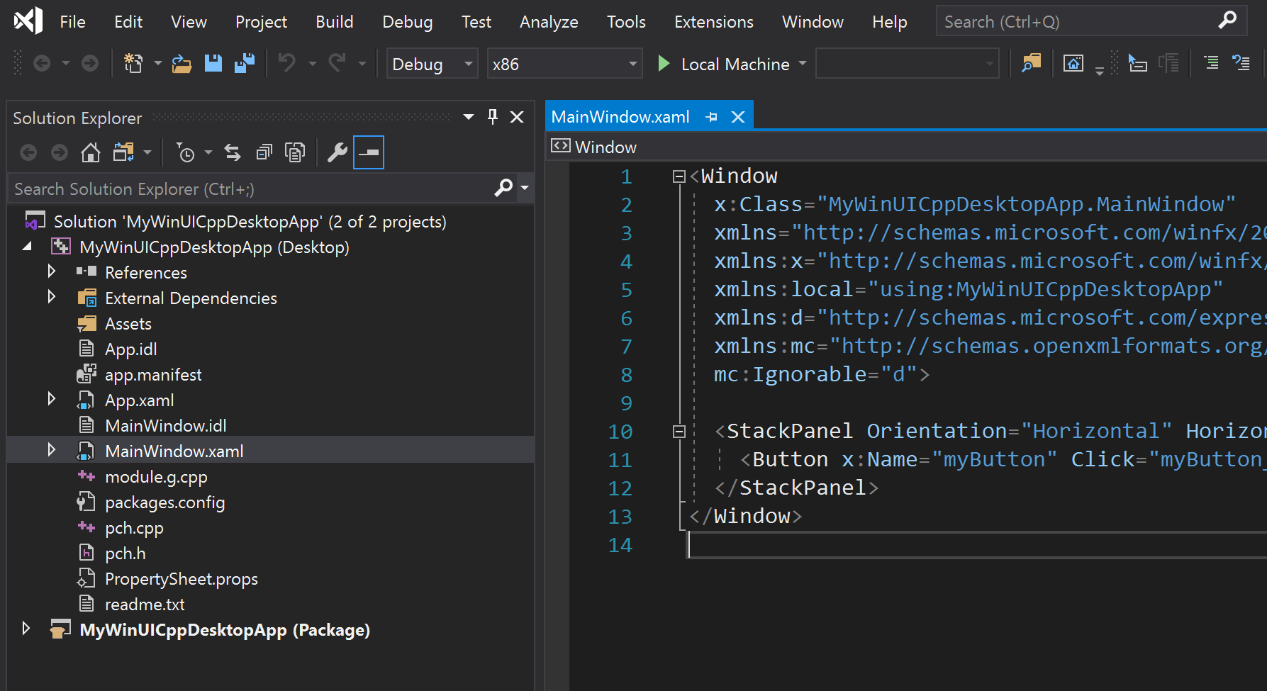 Screenshot of Visual Studio showing the Solution Explorer pane and the contents of the Main Windows X A M L file.