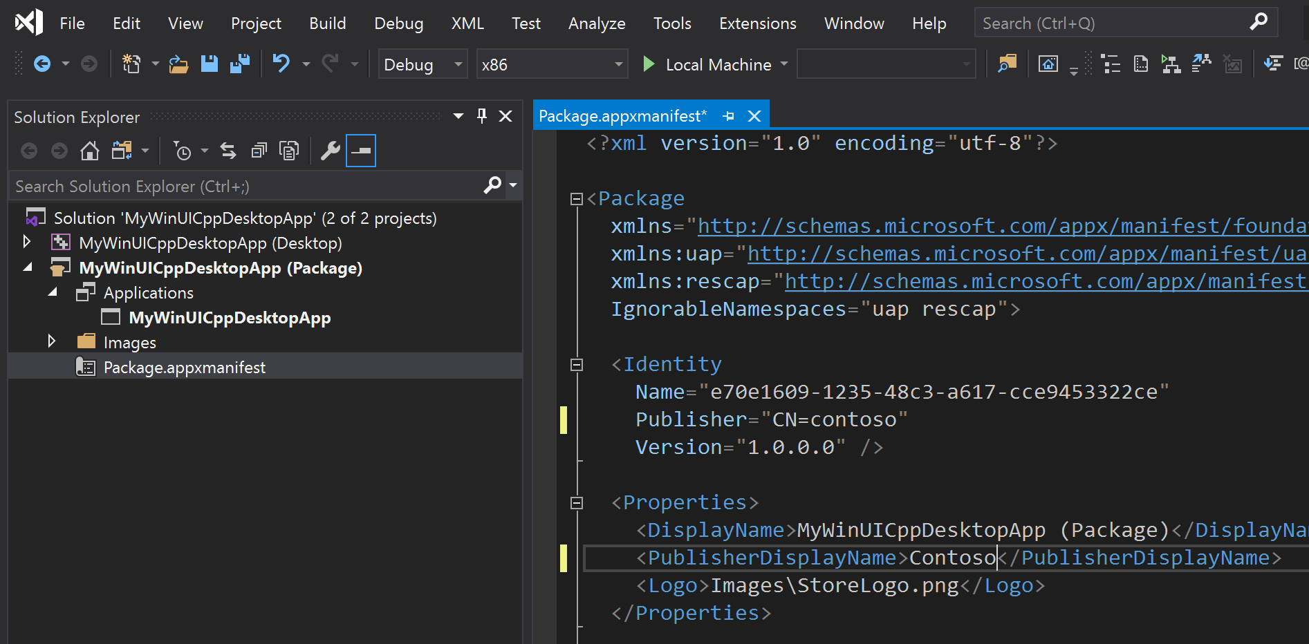 Another screenshot of Visual Studio showing the Solution Explorer pane and the contents of the Package app x manifest file.
