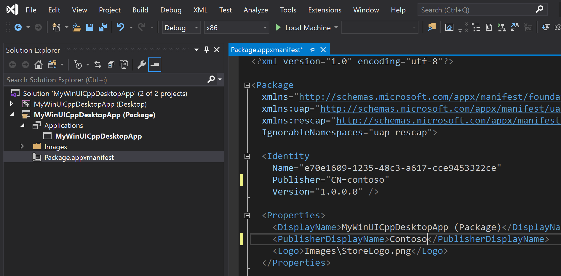 Visual Studio で、ソリューション エクスプローラー ペインと、パッケージ アプリ x マニフェスト ファイルの内容を表示している別のスクリーンショット。