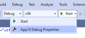Visual Studio 2019 - Start drop down with C++ application debug properties highlighted