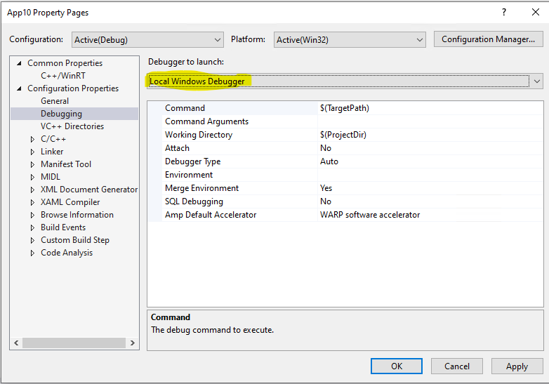 Visual Studio 2019 - ローカル Windows デバッガーのプロパティを起動するデバッガーが強調表示された C++ アプリケーション プロパティ ページ