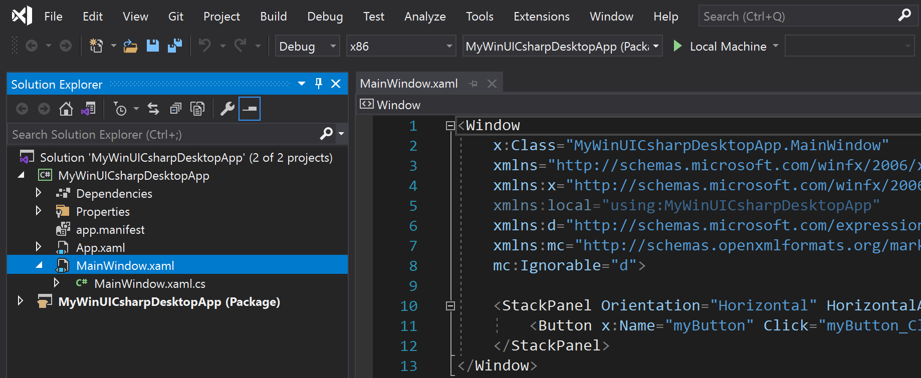Visual Studio で、ソリューション エクスプローラー ペインと、メインの Windows X A M L ドット C S ファイルの内容を表示しているスクリーンショット。