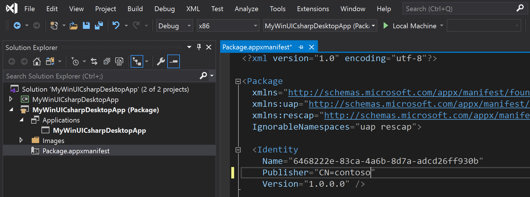 Visual Studio で、ソリューション エクスプローラー ペインと、パッケージ アプリ x マニフェスト ファイルの内容を表示しているスクリーンショット。