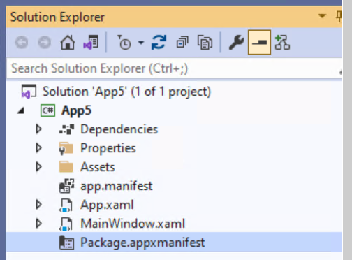 Visual Studio 2019 - Solution explorer open with appxmanifest file highlighted