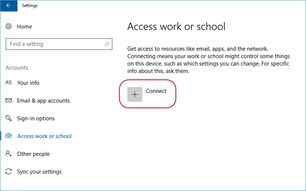 [接続] ボタンをクリックして、職場または学校のオプションにアクセスします。