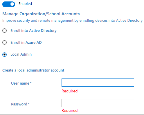 Windows 構成デザイナーで、Active Directory、Azure AD に参加するか、ローカル管理者アカウントを作成します。