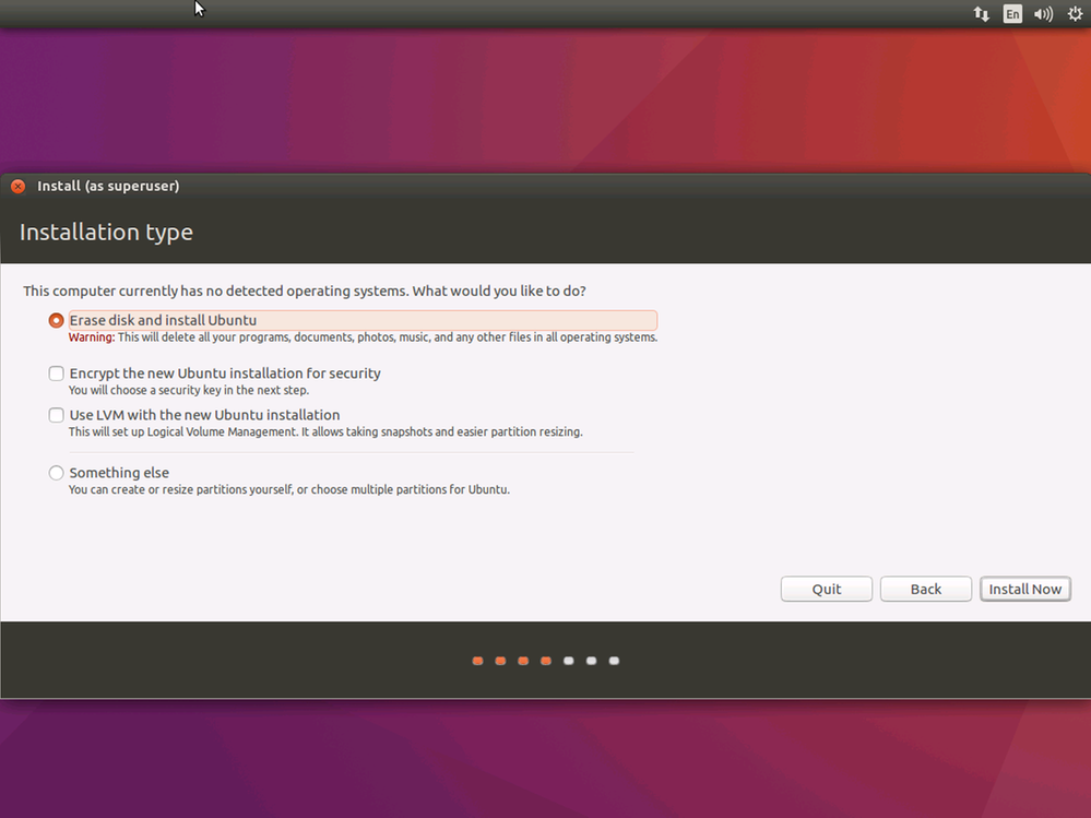 [ディスクの消去と Ubuntu のインストール] オプションが選択されている [Ubuntu のインストールの種類] ページのスクリーンショット。