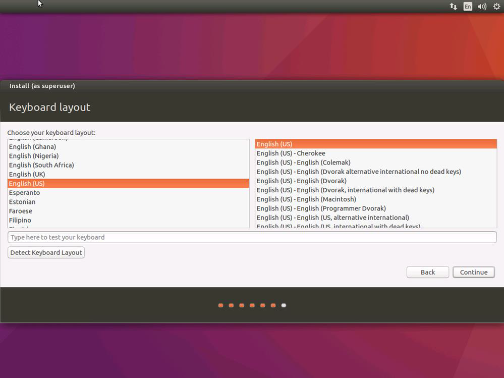 Ubuntu インストールの [キーボード レイアウト] ページのスクリーンショット。