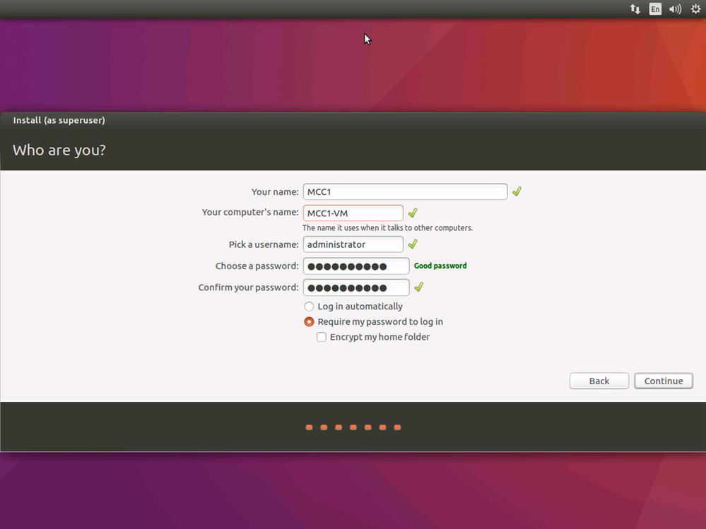 Ubuntu インストールの [ユーザー] 画面のスクリーンショット。