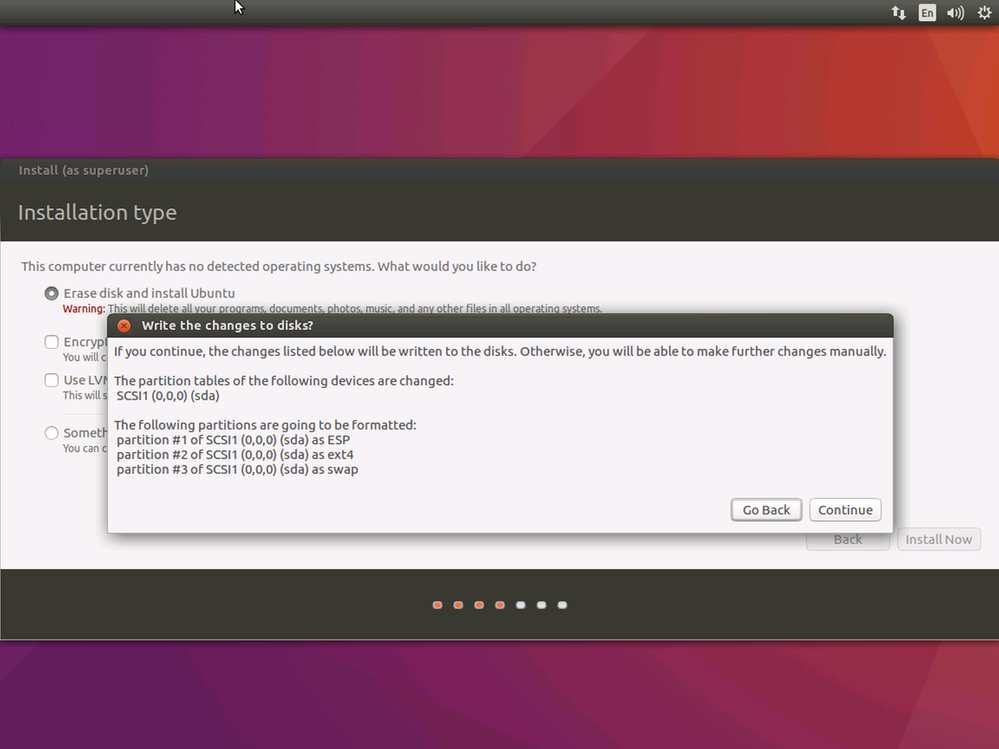 Ubuntu インストールの [ディスクに変更を書き込む] 警告のスクリーンショット。