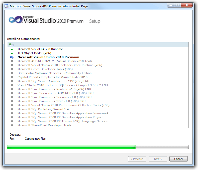 Visual Studio のセットアップのスクリーン ショット、完全な一覧 
