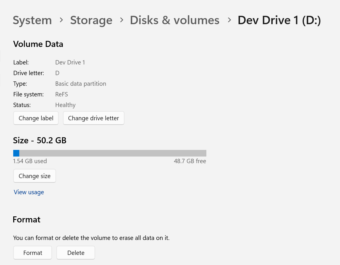 Windows 設定で Dev Drive を削除する