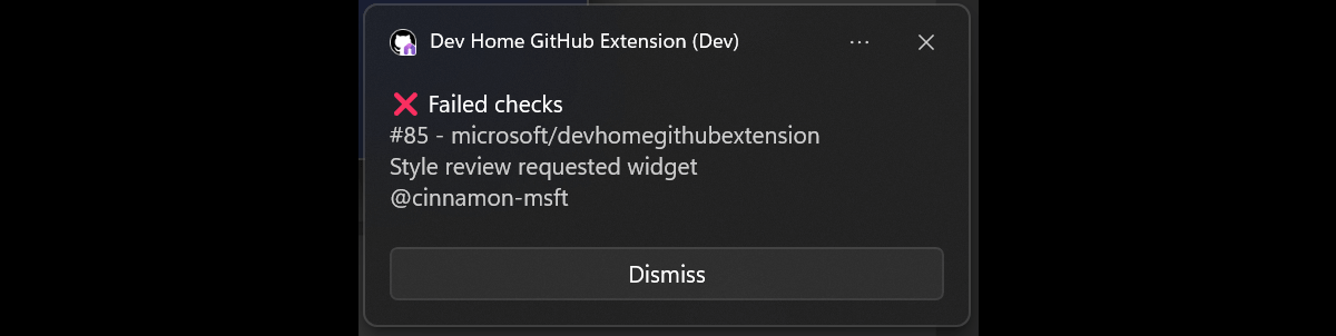 Dev Home GitHub 拡張機能によって起動したチェック エラーの Windows 通知のスクリーンショット