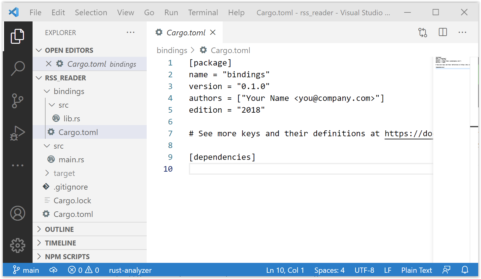 Cargo dot toml file open in VS Code after creating project