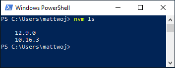 NVM list showing installed Node versions