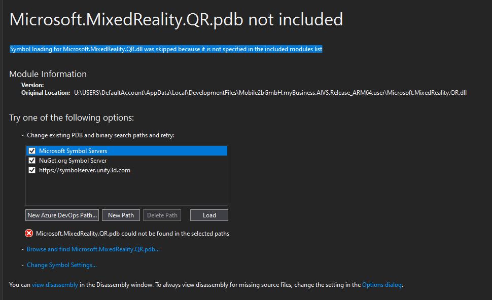 Microsoft.MixedReality.QR.pdb が見つかりませんエラー メッセージ
