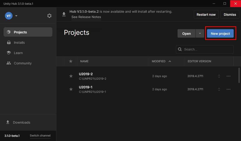 [新しいプロジェクト] ボタンが強調表示された [プロジェクト] タブの Unity Hub のスクリーンショット。