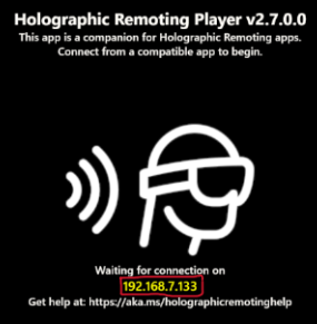 HOLOLENS 2で実行されている Holographic Remoting Player のスクリーンショット。IP アドレスが丸で囲まれています。