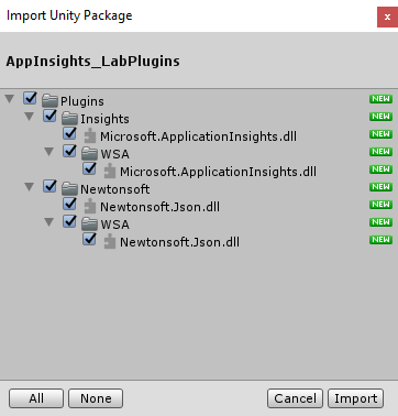 [Unity パッケージのインポート] ダイアログ ボックスのスクリーンショット。すべての項目がオンになっています。