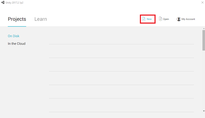 右上に [新規] プロジェクト アイコンが強調表示されている [プロジェクトのUnity] ウィンドウを示すスクリーンショット。