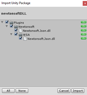Screenshot of the Import Unity Package popup box with'Plugins' selected.