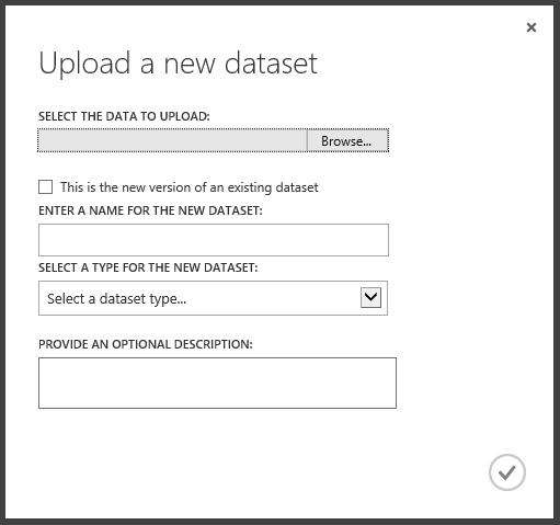 [新しいデータセットのアップロード] ダイアログのスクリーンショット。ユーザーがアップロードするデータを検索して選択するための [参照] ボタンが表示されています。