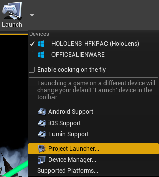 [起動] オプションで [Project Launcher] (プロジェクト起動ツール) が強調表示されていることを示すスクリーンショット
