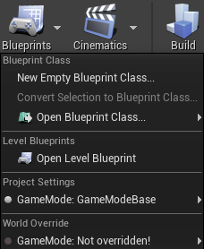 Blueprint menu open with open level blueprint option highlighted