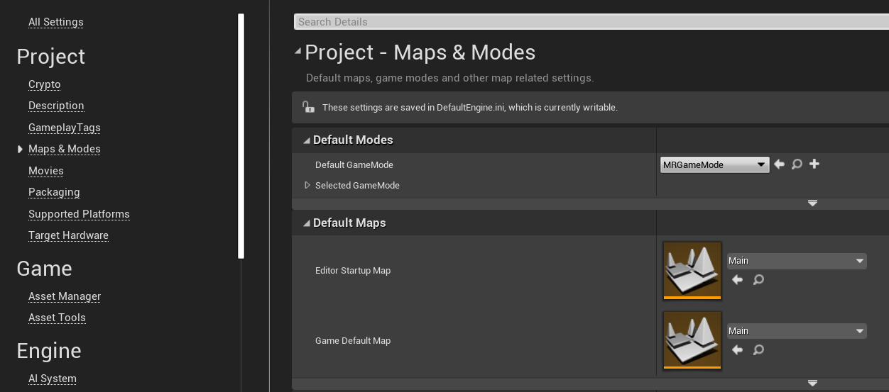 Project Settings - Maps & Modes