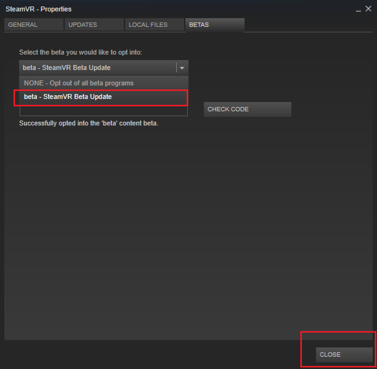 SteamVR のプロパティ ダイアログで SteamVR ベータ版に切り替える