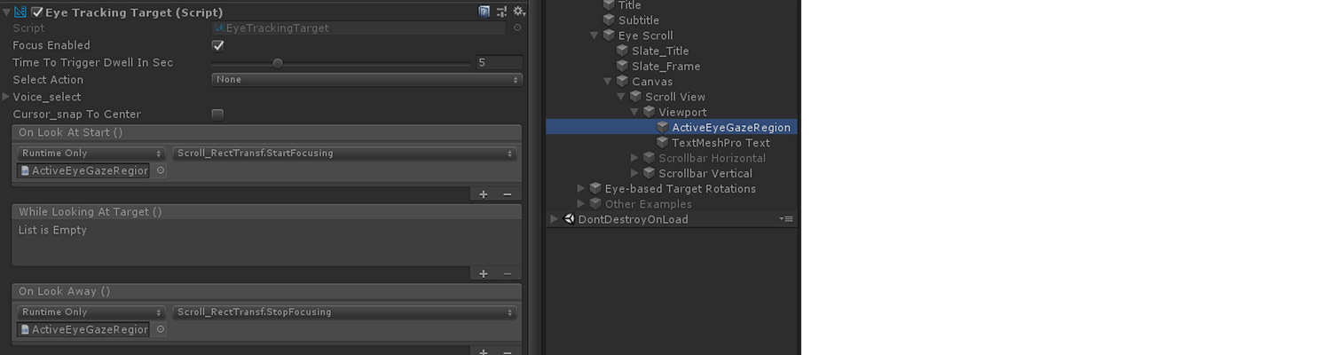 Unity での目でサポートされるスクロール設定: EyeTrackingTarget