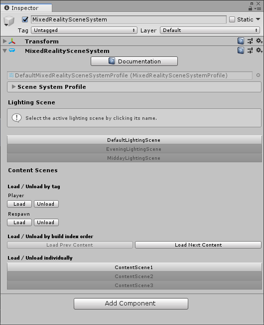 Scene system in the inspector with content loading highlighted
