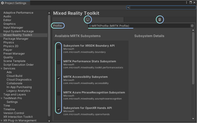 Subsystem profiles, as shown in the MRTK project settings view.