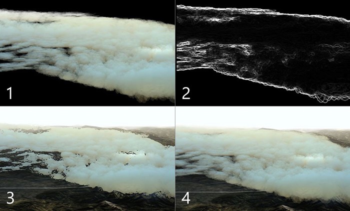 Image showing the progression of rendering cloud edges.