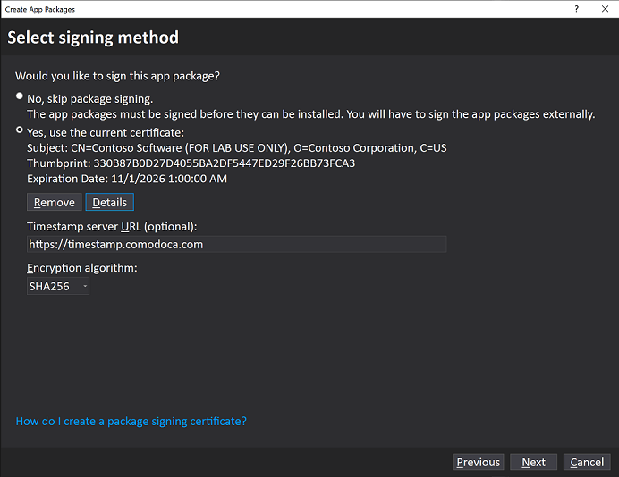 Create Your Packages dialog window shown with Signing