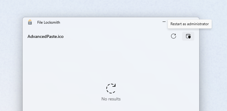 すべてのプロセス File Locksmith アクセスするための [管理者として再起動] ボタンのスクリーンショット。
